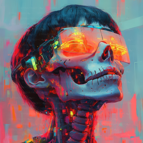 Un crâne cyberpunk aux reflets néon, portant des lunettes de réalité augmentée affichant une ville futuriste. Un contraste saisissant entre la mort et la technologie, entre le passé et l’avenir.