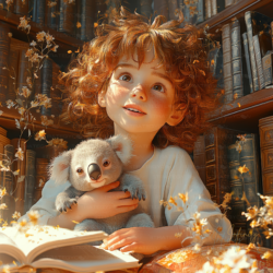 Enfant émerveillé avec un koala, plongé dans un décor magique de bibliothèque ancienne.