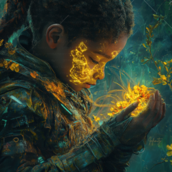 Portrait numérique futuriste d'une jeune enfant fusionnant avec la nature et la technologie, illuminée de motifs lumineux dorés. Un équilibre entre cyberpunk et organicité.