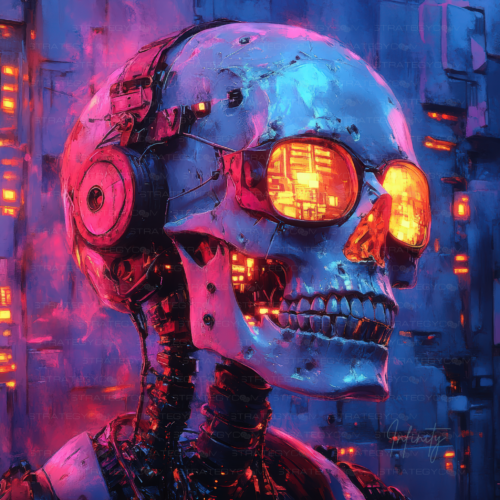 Un crâne cyberpunk illuminé de néons, fusion entre organique et digital.