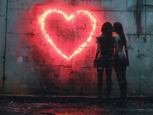 Deux femmes en tenue punk s’embrassent devant un mur sombre, illuminé par un grand cœur en néon rouge, évoquant un amour rebelle et urbain.
