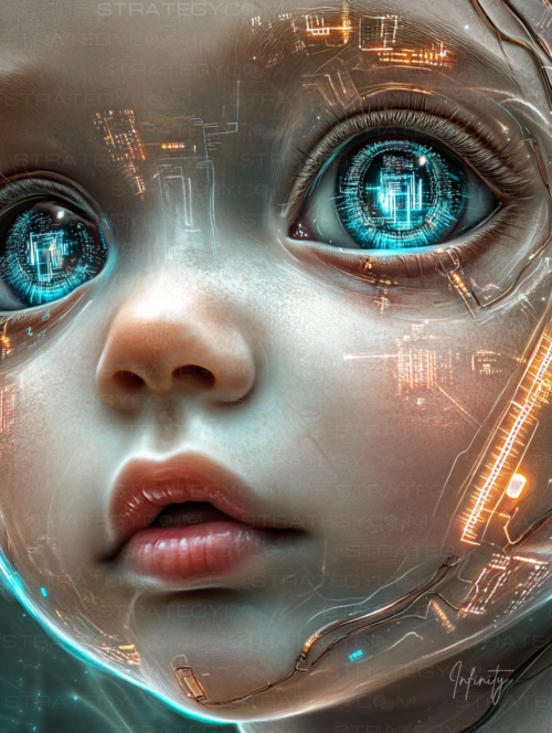 L’avenir est là. L’innocence rencontre l’intelligence artificielle. Une image puissante pour illustrer le futur des générations connectées.