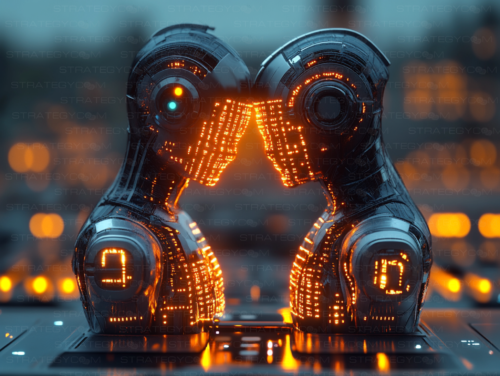 Illustration numérique d’un couple cybernétique fusionnant à travers des circuits lumineux, dans une ambiance futuriste et cyberpunk.