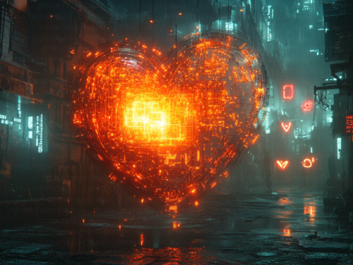 Illustration d’un cœur cyberpunk en néon orange, flottant dans une ruelle sombre aux lumières bleutées, symbolisant l’amour digital et l’énergie électrique.