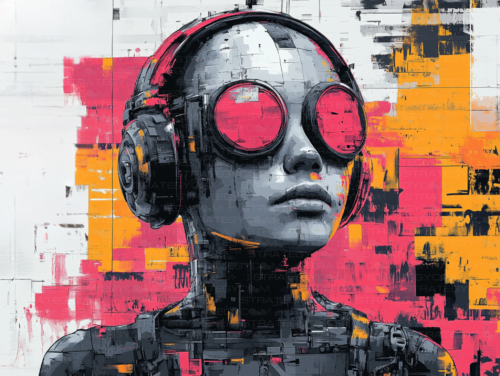 Illustration cyberpunk d’un enfant hybride, portant des lunettes futuristes et un casque high-tech, dans un décor urbain glitché avec des néons rose et orange.