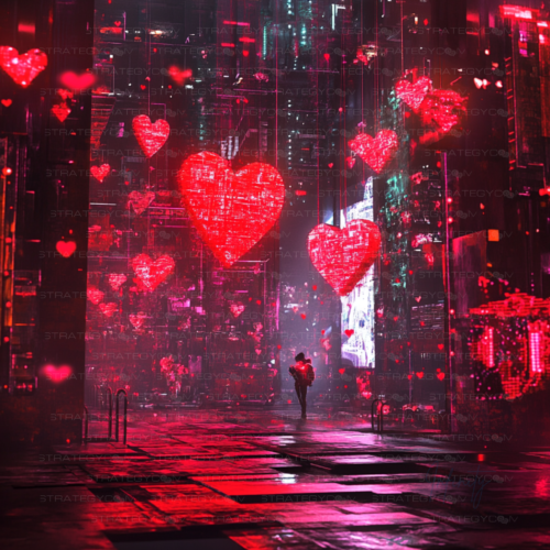 Illustration cyberpunk d’un paysage urbain futuriste illuminé de cœurs digitaux rouges, symbolisant l’amour à l’ère numérique.