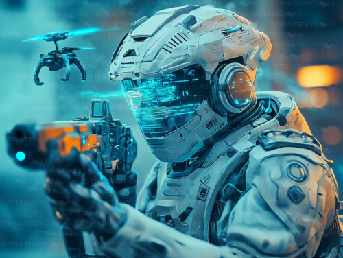 Illustration ultra-réaliste d’un soldat cybernétique en armure blanche futuriste, équipé d’un casque numérique et d’un fusil avancé, avec un drone tactique flottant à ses côtés. Scène immersive de combat militaire futuriste.