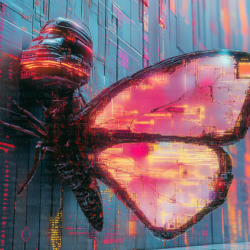 Papillon cybernétique lumineux avec ailes digitales, dans un décor futuriste néon