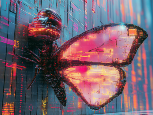 Papillon cybernétique lumineux avec ailes digitales, dans un décor futuriste néon
