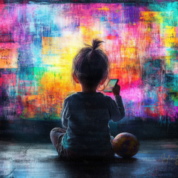 Un enfant assis au sol, absorbé par l’écran d’un téléphone, face à une explosion de couleurs numériques.