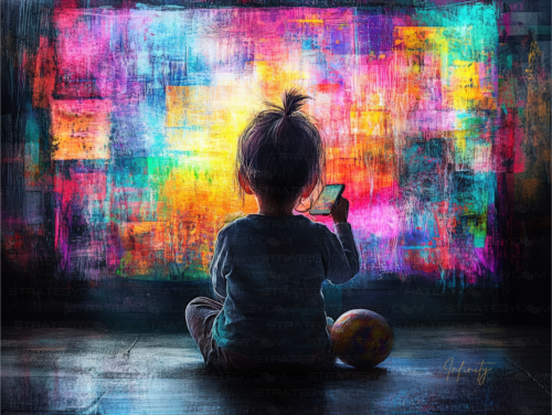 Un enfant assis au sol, absorbé par l’écran d’un téléphone, face à une explosion de couleurs numériques.