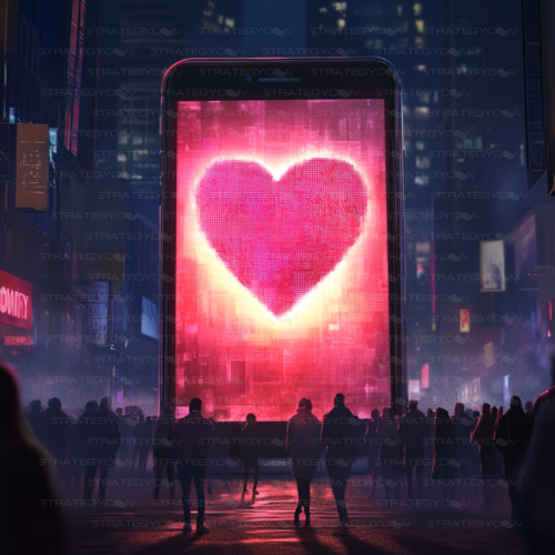 Illustration cyberpunk d’un immense écran affichant un cœur digital lumineux dans une ville futuriste, symbolisant l’amour connecté et la modernité des relations.