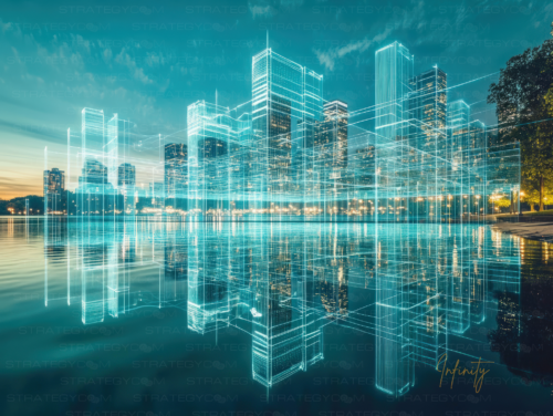 Illustration futuriste d’une skyline numérique en hologrammes, représentant une ville intelligente ultra-connectée.