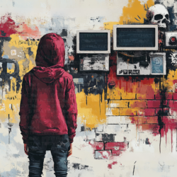 Illustration cyberpunk d'un enfant en sweat rouge devant un mur d’écrans cassés, ambiance urbaine dystopique.