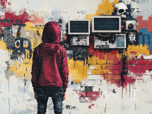 Illustration cyberpunk d'un enfant en sweat rouge devant un mur d’écrans cassés, ambiance urbaine dystopique.