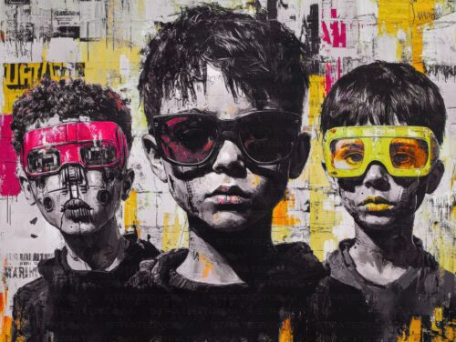 Œuvre numérique représentant trois enfants portant des lunettes futuristes, mêlant éléments cybernétiques et expressions humaines. L’œuvre explore l’impact de la technologie sur l’identité et les générations futures.