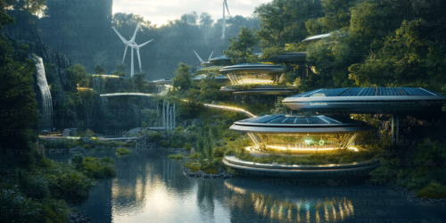 Illustration photoréaliste d’une cité futuriste écologique, intégrée à la nature avec des bâtiments suspendus, des énergies renouvelables et un urbanisme high-tech.