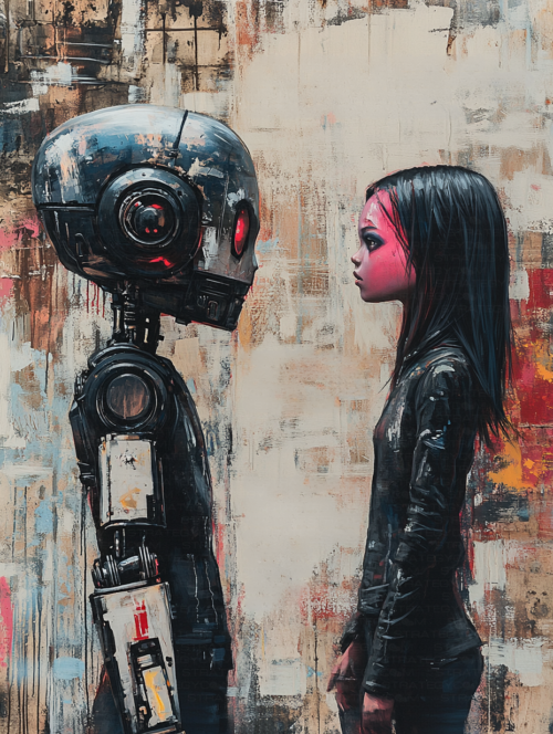 Une jeune fille au teint néon fixe un androïde au design cybernétique, le fond est texturé avec des tons de beige et de rouge.
