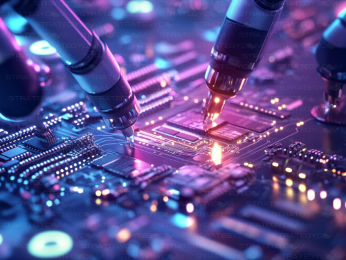 Illustration photoréaliste d’un microprocesseur en cours de fabrication, manipulé par des bras robotiques dans un environnement high-tech, illustrant l’innovation en semi-conducteurs et en intelligence artificielle.