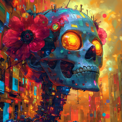 Visuel artistique d’un crâne cyberpunk futuriste avec circuits lumineux et ambiance dystopique, idéal pour une pochette d’album ou une couverture de livre.