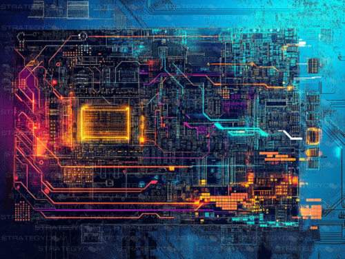 Illustration futuriste en haute résolution représentant un circuit électronique cyberpunk complexe, illuminé de lumières néon orange, bleu et violet. Un hommage aux réseaux neuronaux, à l’intelligence artificielle et à l’architecture numérique avancée.