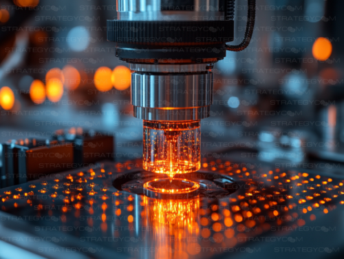 Illustration ultra-réaliste d’un laser photonique interagissant avec un processeur quantique, générant un flux de lumière et de données en suspension. Un visuel technologique futuriste aux nuances néon orange et bleu.