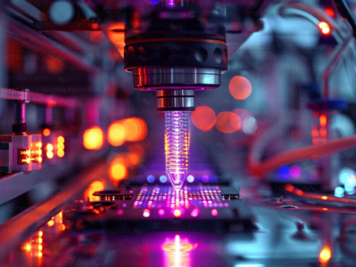 Illustration futuriste en haute résolution représentant un faisceau lumineux photonique pénétrant un processeur quantique, entouré de circuits illuminés en bleu, violet et rouge néon. Un hommage aux technologies quantiques et à l’intelligence artificielle.