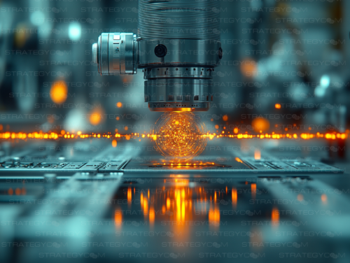 Illustration futuriste d’une sphère énergétique photonique générée par un laser de précision, flottant au-dessus d’un microprocesseur. Un visuel détaillé mêlant sciences quantiques et technologie avancée.