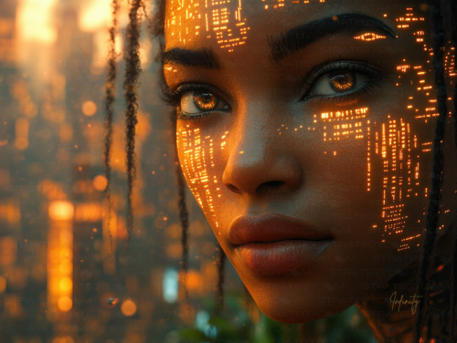 Portrait futuriste d’une femme cybernétique aux motifs lumineux dorés sur le visage, regard perçant, ambiance néon high-tech avec une ville futuriste en arrière-plan.