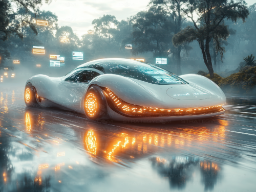 Voiture du futur blanche et lisse, équipée d’un éclairage néon intelligent, roulant sur une route réfléchissante dans un environnement high-tech.