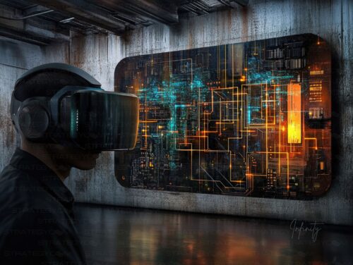 Illustration numérique cyberpunk représentant un homme en casque de réalité augmentée observant un mur holographique lumineux dans un environnement industriel futuriste.