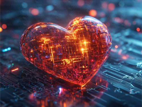 Cœur futuriste lumineux en fusion avec des circuits électroniques, posé sur un fond cybernétique bleu et rouge vibrant.