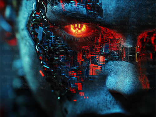 Portrait cybernétique ultra-réaliste d’un humain fusionnant avec une IA, avec un regard rouge incandescent et des circuits intégrés sur le visage.