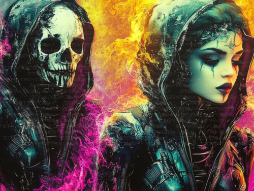 Illustration cyberpunk gothique représentant une figure squelettique enflammée et une femme mystique en capuche, dans un décor futuriste aux teintes vives.