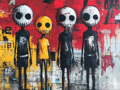 Quatre silhouettes longilignes devant un mur rouge et jaune, trois arborant un masque blanc macabre, la quatrième portant un masque jaune forcé de sourire, symbolisant une génération perdue et déshumanisée par la technologie et le conformisme.