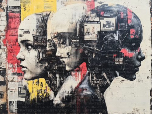 Illustration cyberpunk de trois visages fusionnant avec des éléments technologiques sur un fond urbain dystopique.