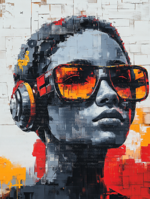 Portrait numérique d'une enfant futuriste avec des lunettes miroir et un casque high-tech, dans un style cyberpunk et street art.