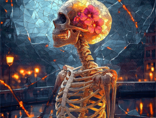 Squelette cybernétique avec des fleurs roses éclatantes poussant à travers son crâne, dans une ville nocturne aux reflets dorés et néon.