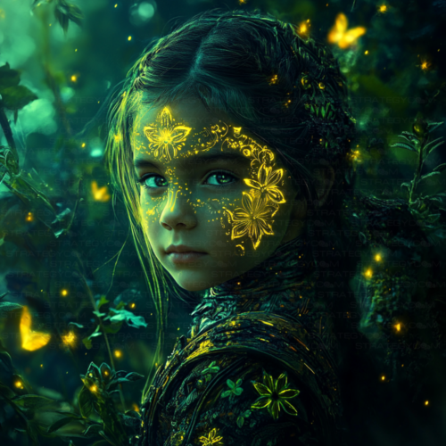 Portrait numérique de Gaïa, une enfant bioluminescente au cœur d’une forêt enchantée, illuminée par des motifs lumineux et des papillons dorés.
