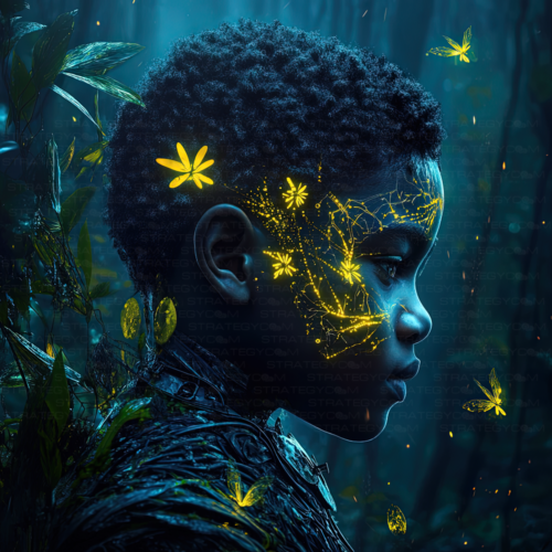 Portrait numérique de Kiran, un personnage aux traits mystiques illuminés par des motifs dorés, immergé dans une forêt sombre et enchantée.