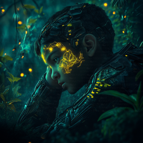 Portrait cyberpunk d’une enfant avec des motifs lumineux floraux sur le visage et une armure technologique, évoluant dans un décor végétal futuriste.