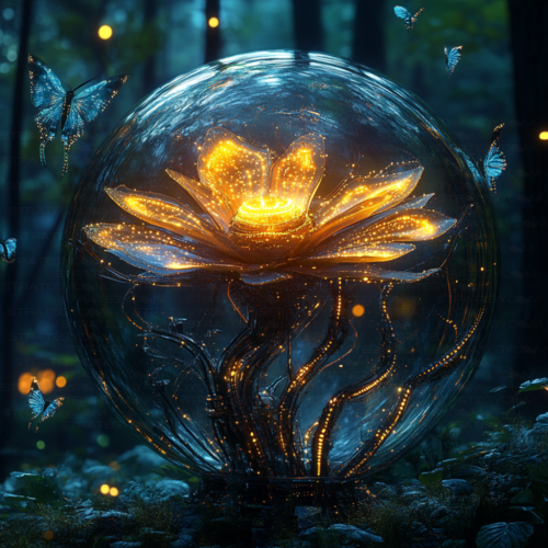 Illustration futuriste d’une fleur bioluminescente protégée dans une sphère de verre, entourée de papillons lumineux dans une forêt cyber-organique.