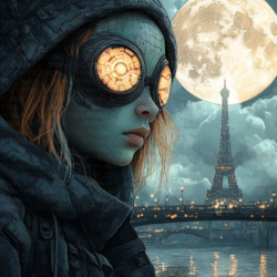 Femme cyberpunk en capuche, portant des lunettes lumineuses, avec la Tour Eiffel et une lune monumentale en arrière-plan.