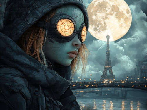 Femme cyberpunk en capuche, portant des lunettes lumineuses, avec la Tour Eiffel et une lune monumentale en arrière-plan.