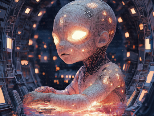 Illustration hyperréaliste d’un enfant cybernétique aux yeux lumineux, immergé dans une matrice futuriste.
