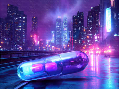 Capsule futuriste biotechnologique posée sur une route néonisée dans une ville cyberpunk, entourée de gratte-ciels illuminés et d’un brouillard artificiel.