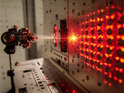 Faisceau laser haute précision interagissant avec une surface optique dans un laboratoire futuriste.