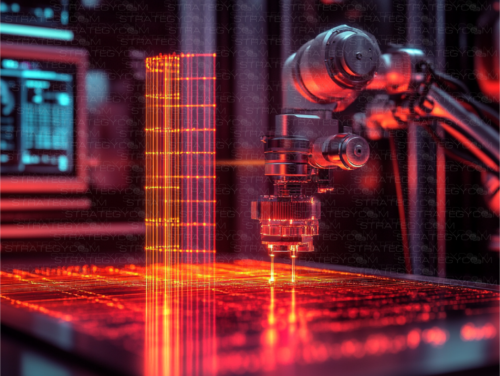 Illustration futuriste d’un bras robotique manipulant un hologramme de données dans un laboratoire high-tech.