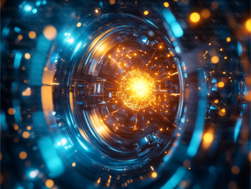 Représentation artistique d’une source d’énergie quantique en fusion, entourée d’un réacteur futuriste avec des lumières incandescentes.