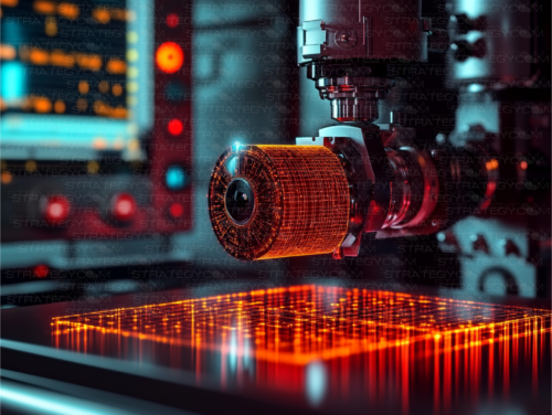 Image futuriste représentant une machine de gravure quantique réalisant un circuit lumineux en haute précision.